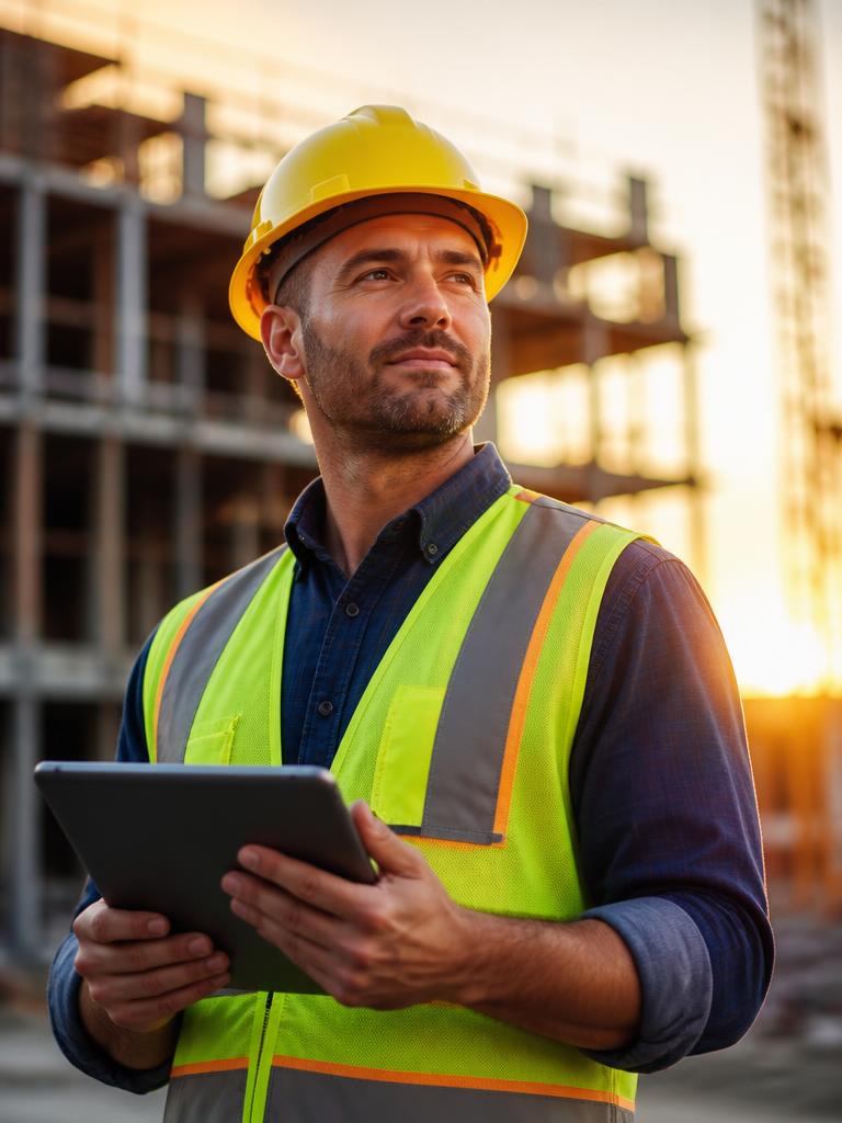 Construction worker in hi-vis with a tablet on a bright site