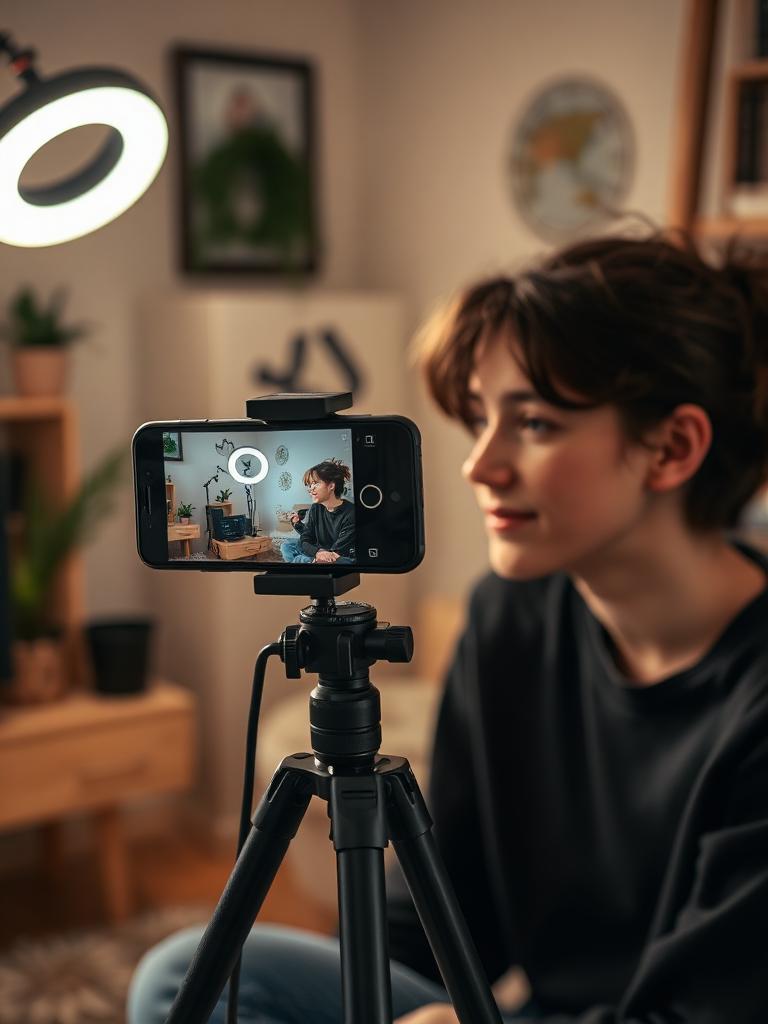 Creator recording a video on a phone tripod with a ring light