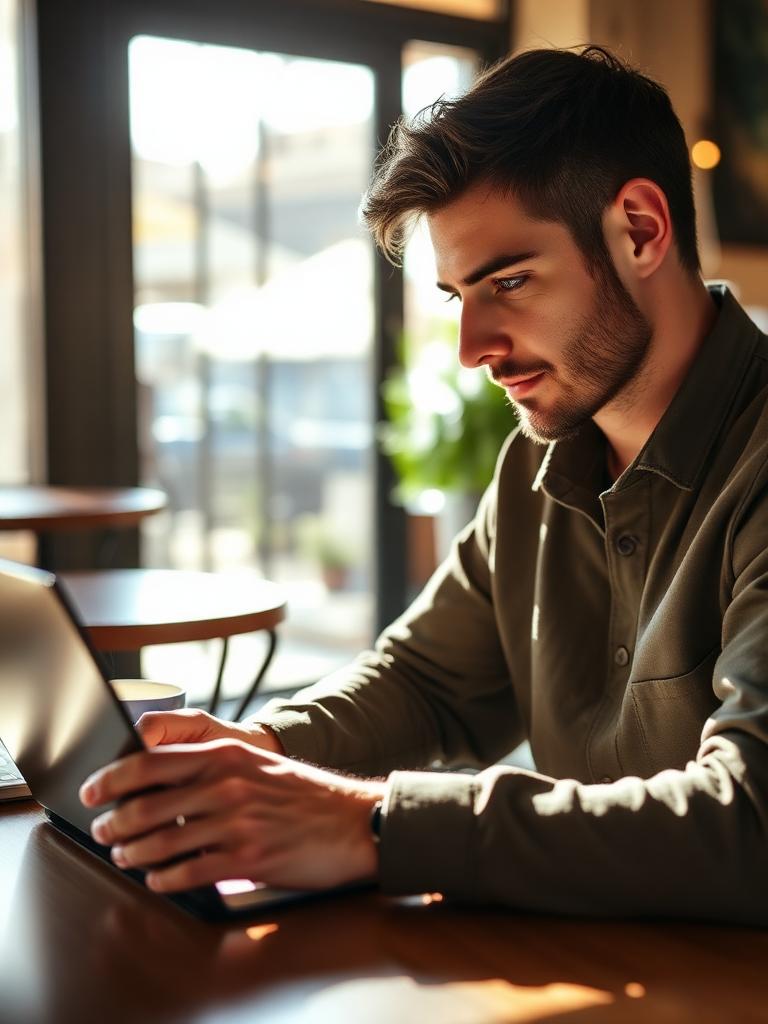 Freelance designer working on a laptop in a sunlit café
