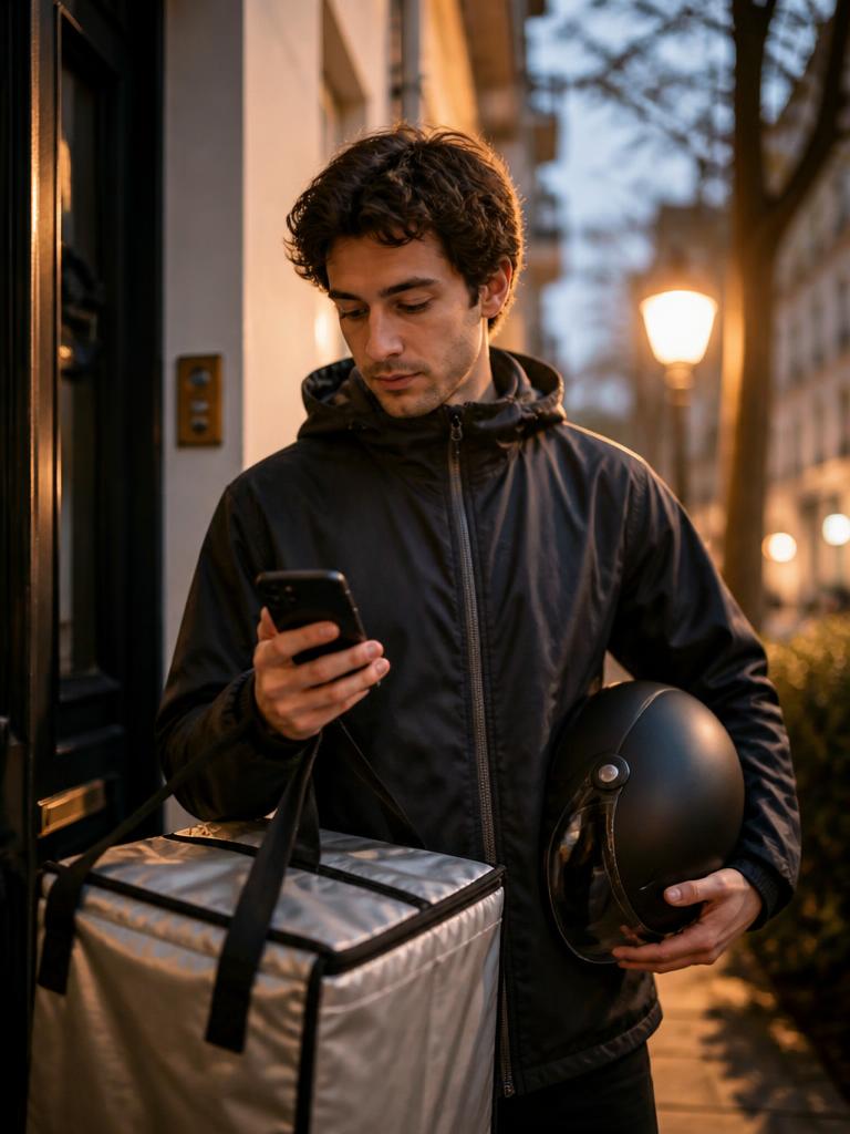 Delivery courier at a city doorstep checking his phone