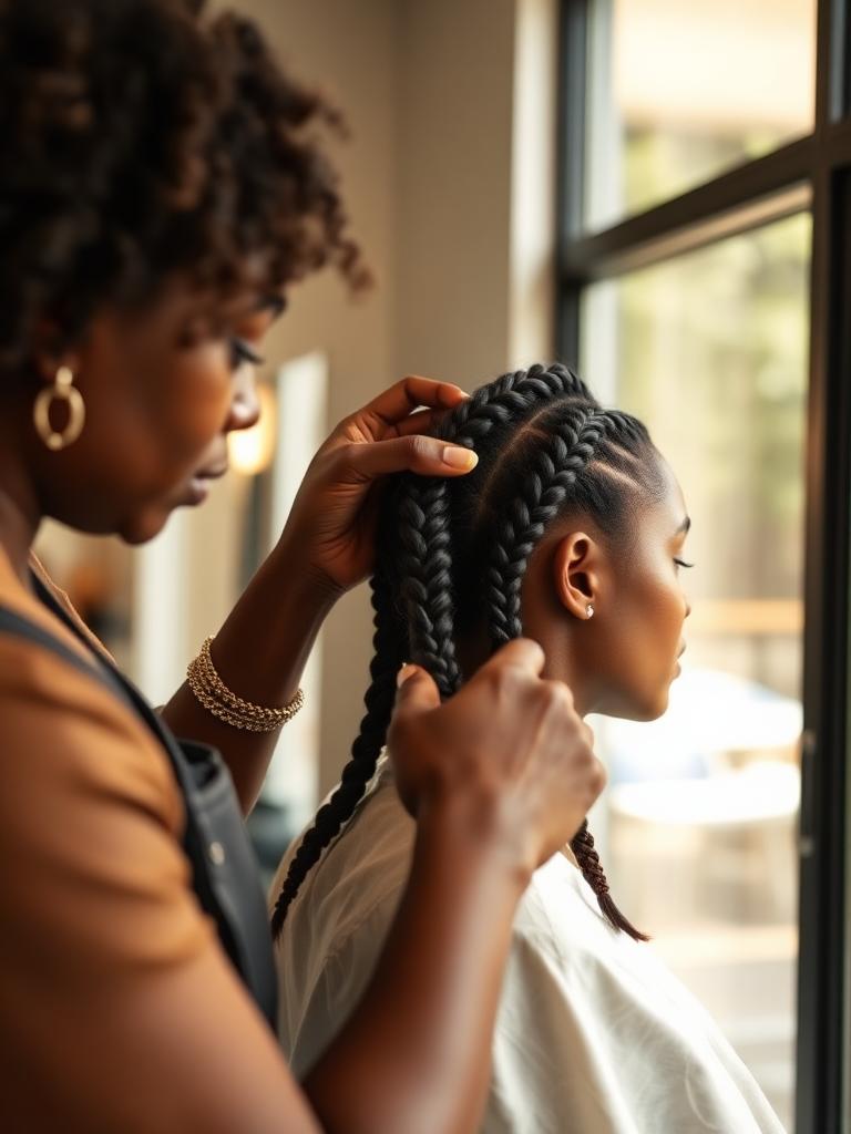 Hairstylist braiding a client's hair in a bright salon