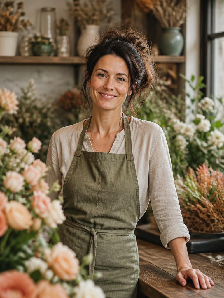 Independent florist at the counter of her small storefront