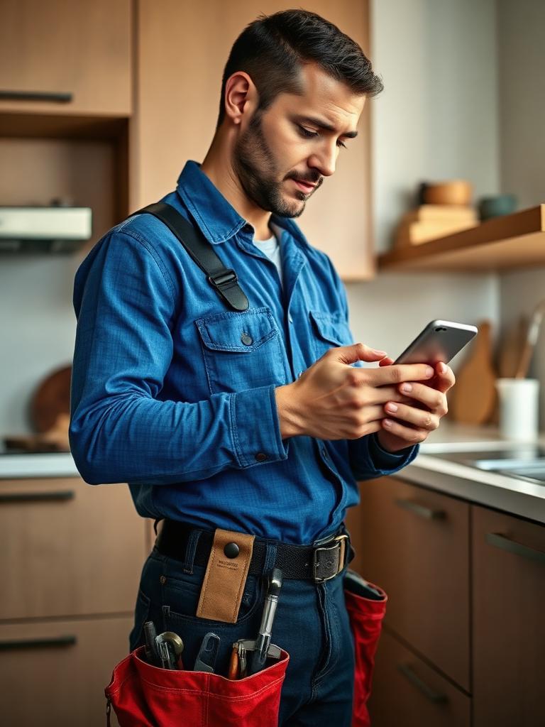 Tradesperson in workwear checking a job on his phone